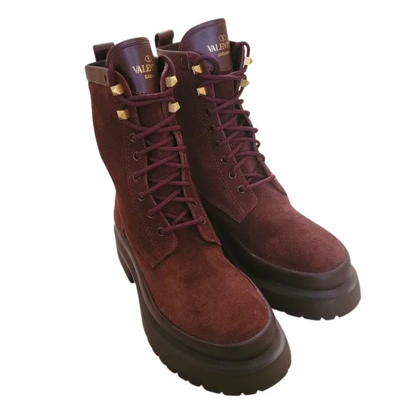 Valentino Garavani Rockstud Burgundy Suede Platform Combat Boots IT 39 / US 9 - Picture 14 of 14